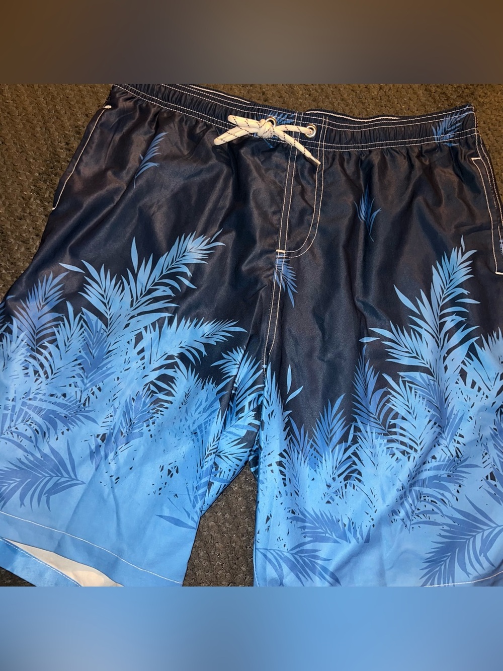 Navy Blue Tropical Palm Print Swim Trunks